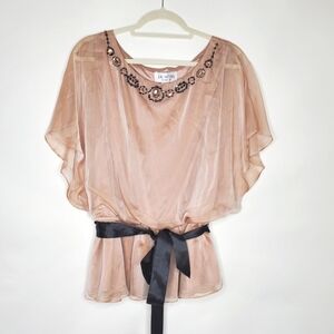 J. R. Nites Sheer Overlay Beaded Top Size 14 Lined Tie Waist Peplum